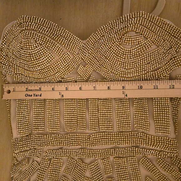 Andrea & Leo Gold Beaded Crystal Embellished Evening Strapless Gown Size 6 - Picture 10 of 13